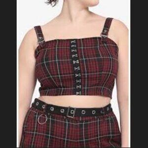 HOT TOPIC Maroon Black Plaid HOOK & EYE Buckle Strap CROP TOP Plus 4 Whimsigoth